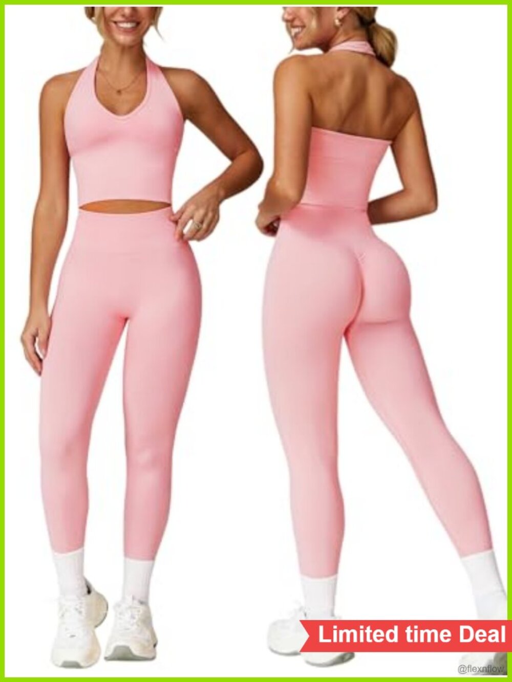 Seamless Ribbed Halter Sports Bra Scrunch Butt Leggings Gym Set